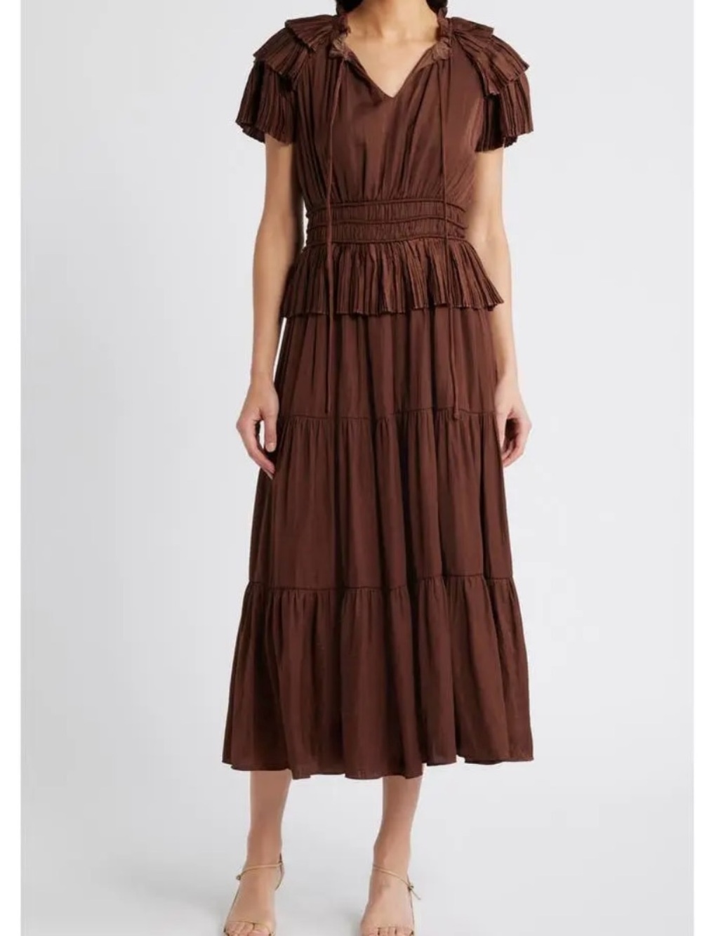 MOON RIVER Tiered Plissé Midi Dress size:M
